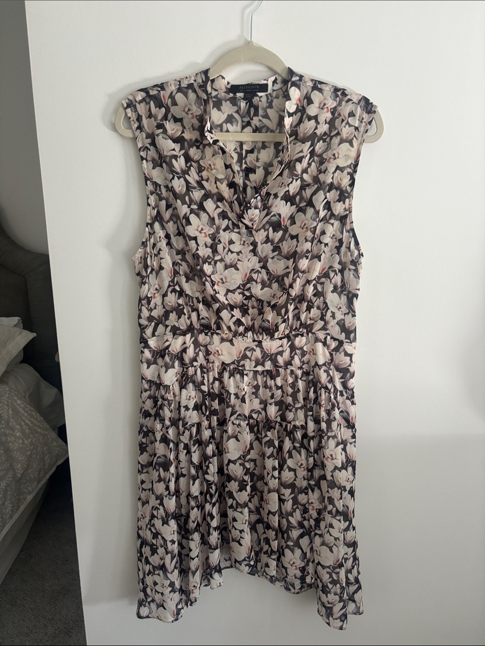 AllSaints Floral Sleeveless Mini Dress in Black and Cream
